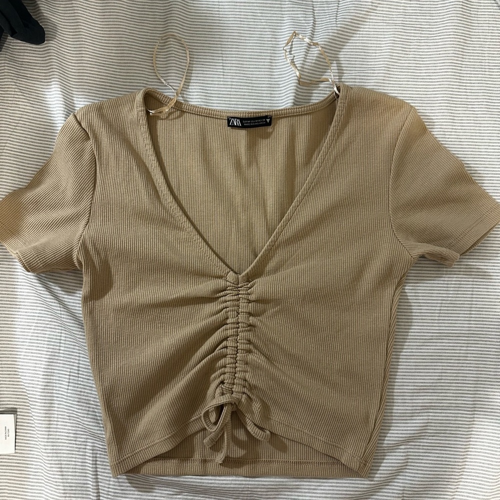 Zara Beige Ruched V-Neck Crop Top